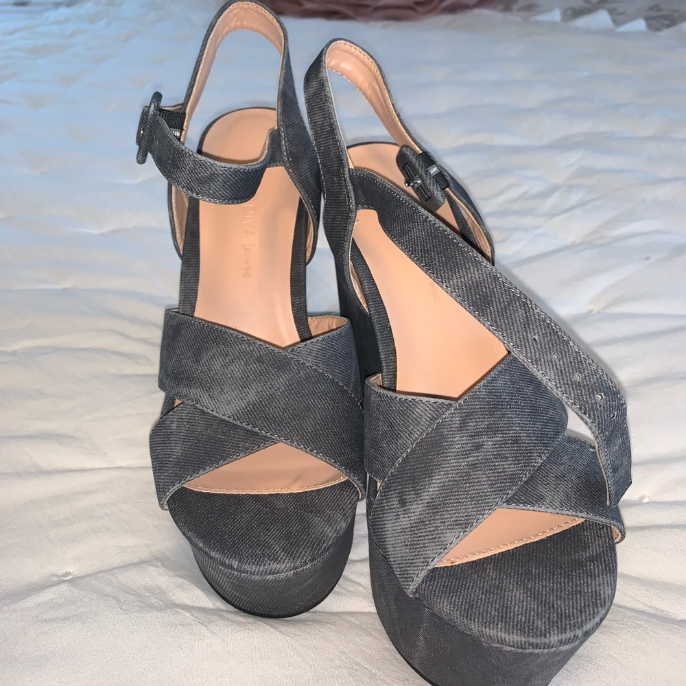 Super Cute Blue Denim Chunky Heels - Size 6